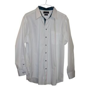 PAUL FREDRICK MENS SHIRT WHITE LONG SLEEVE CONTRAST BLUE TRIM SIZE 17.5/35  SLIM